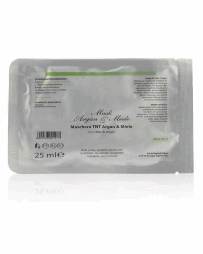 Maschera TNT viso con olio di argan e miele, trattamento monouso idratante, elasticizzante e lenitivo per pelle secca e arrossata.