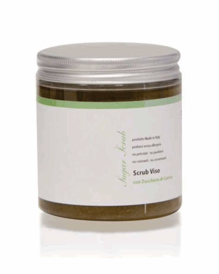Sugar scrub viso con zucchero di canna, esfoliante naturale delicato per pelle liscia e luminosa, adatto anche a pelli sensibili.